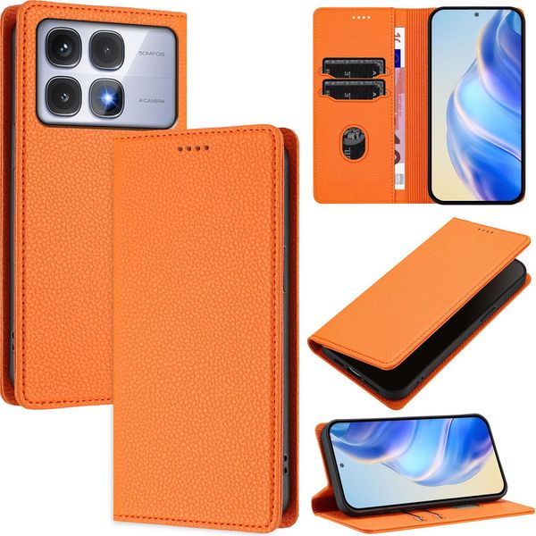 Custodia In Pelle Per Xiaomi Redmi K70 Ultra, Pelle Litschi, Custodia A Portafoglio Con Slot Per Carte E Supporto Arancione-image