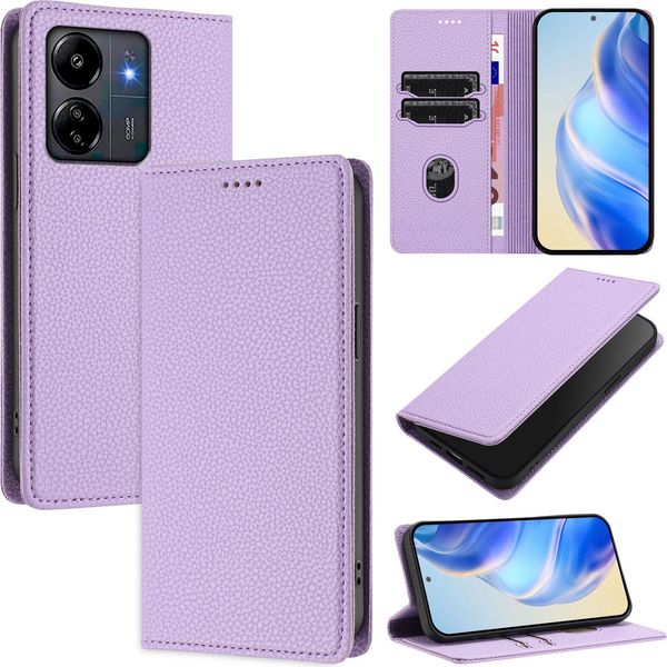 Custodia In Pelle Per Xiaomi Redmi 13C/Poco C65/Poco M6 5G, Pelle Litschi, Custodia A Portafoglio Con Slot Per Carte E Supporto Viola-image