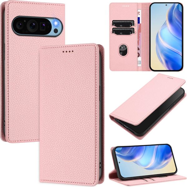 Custodia In Pelle Per Google Pixel 10 Pro Xl, Pelle Litschi, Custodia A Portafoglio Con Slot Per Carte E Supporto Rosa-image