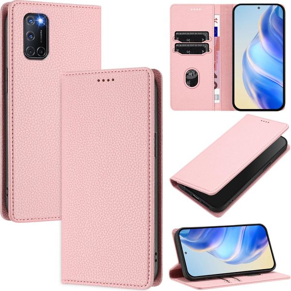 Custodia In Pelle Per Oppo A52/A72/A92 4G, Pelle Litschi, Custodia A Portafoglio Con Slot Per Carte E Supporto Rosa-image