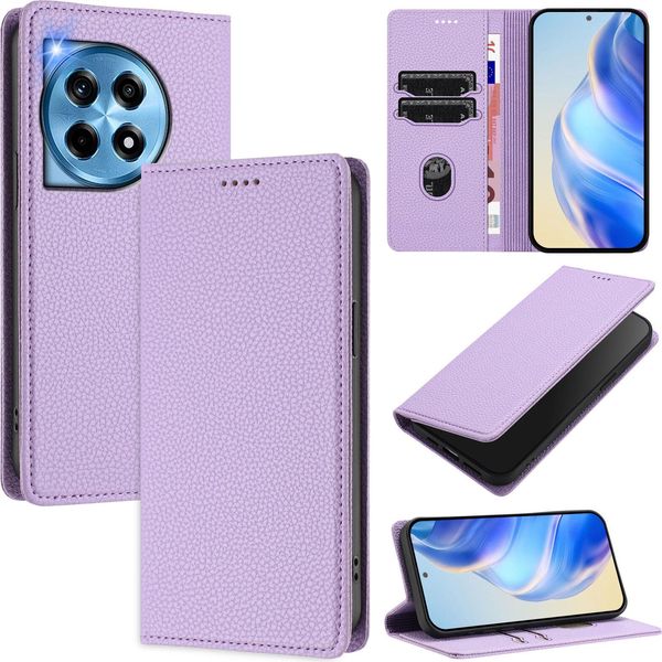 Custodia In Pelle Per Oneplus 12, Pelle Litschi, Custodia A Portafoglio Con Slot Per Carte E Supporto Viola-image
