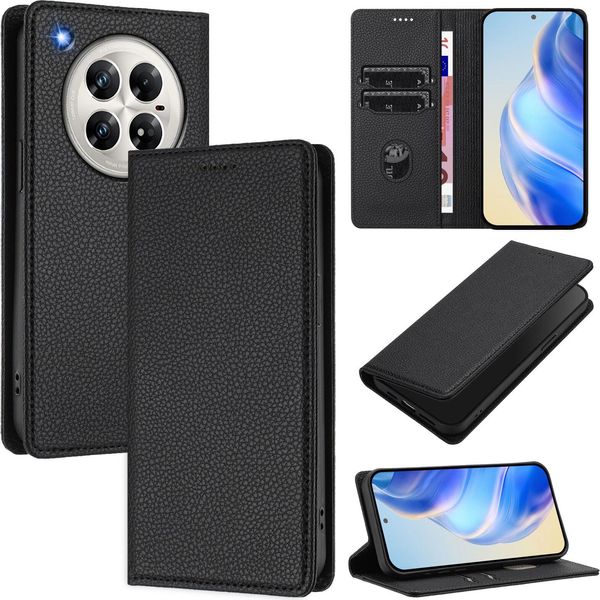 Custodia In Pelle Per Infinix Zero 40 4G/Zero 40 5G, Pelle Litschi, Custodia A Portafoglio Con Slot Per Carte E Supporto Nero-image