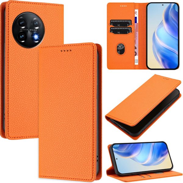 Custodia In Pelle Per Oneplus 11, Pelle Litschi, Custodia A Portafoglio Con Slot Per Carte E Supporto Arancione-image