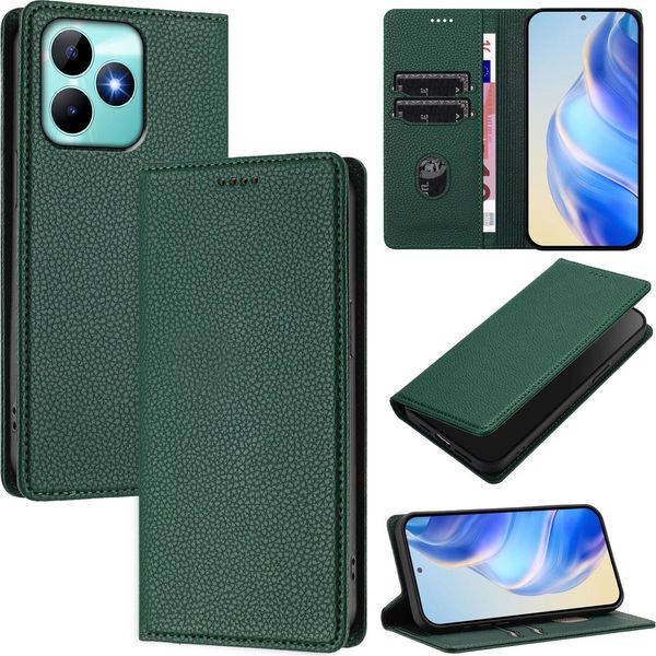 Custodia In Pelle Per Realme Note 50/Realme C51/Realme C53/Realme C51S, Pelle Litschi, Custodia A Portafoglio Con Slot Per Carte E Supporto Verde-image