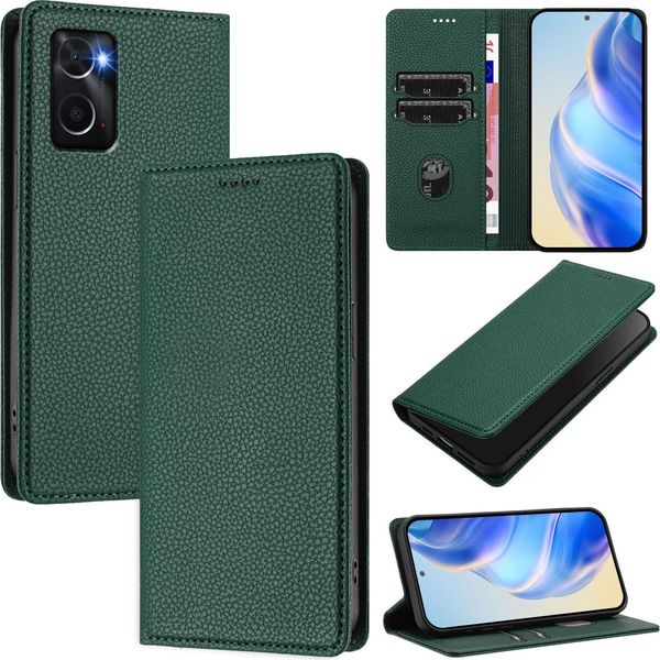 Custodia In Pelle Per Oppo A36/A76/A96/K10 4G/Realme 9I 4G, Pelle Litschi, Custodia A Portafoglio Con Slot Per Carte E Supporto Verde-image