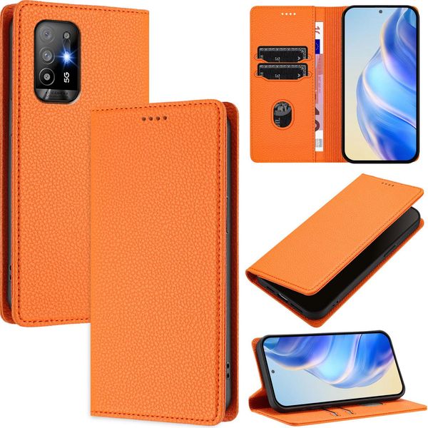 Custodia In Pelle Per Oppo A94 5G/Reno5 Z, Pelle Litschi, Custodia A Portafoglio Con Slot Per Carte E Supporto Arancione-image