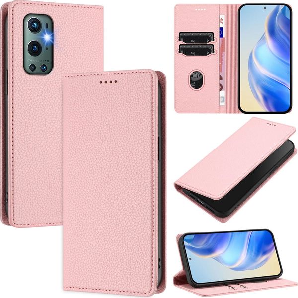 Custodia In Pelle Per Oneplus 9 Pro, Pelle Litschi, Custodia A Portafoglio Con Slot Per Carte E Supporto Rosa-image