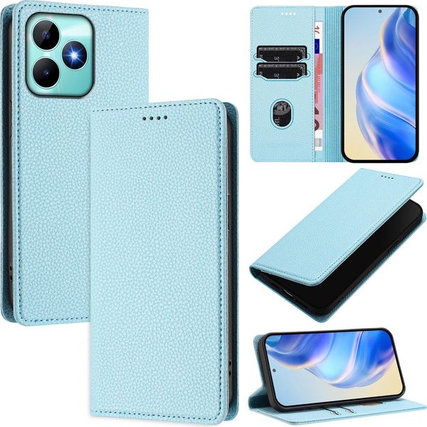 Custodia In Pelle Per Realme Note 50/Realme C51/Realme C53/Realme C51S, Pelle Litschi, Custodia A Portafoglio Con Slot Per Carte E Supporto Blu Chiaro-image