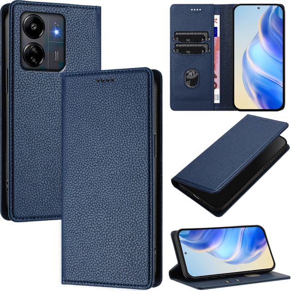 Custodia In Pelle Per Xiaomi Redmi 13C/Poco C65/Poco M6 5G, Pelle Litschi, Custodia A Portafoglio Con Slot Per Schede E Supporto Blu-image