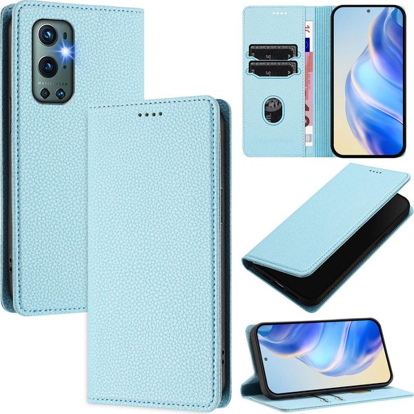 Custodia In Pelle Per Oneplus 9 Pro, Pelle Litschi, Custodia A Portafoglio Con Slot Per Carte E Supporto Blu Chiaro-image