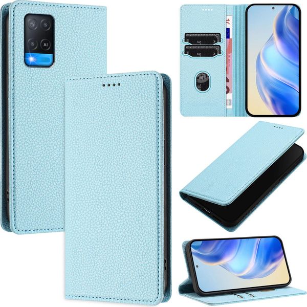 Custodia In Pelle Per Oppo A54 4G/A54S/A55 5G/A16/A16S/A55S/A53S 5G/A56 5G, Pelle Litschi, Custodia A Portafoglio Con Slot Per Carte E Supporto Blu Chiaro-image
