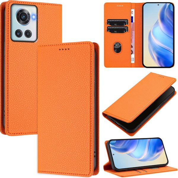 Custodia In Pelle Per Oneplus 10R/Oneplus Ace, Pelle Litschi, Custodia A Portafoglio Con Slot Per Carte E Supporto Arancione-image
