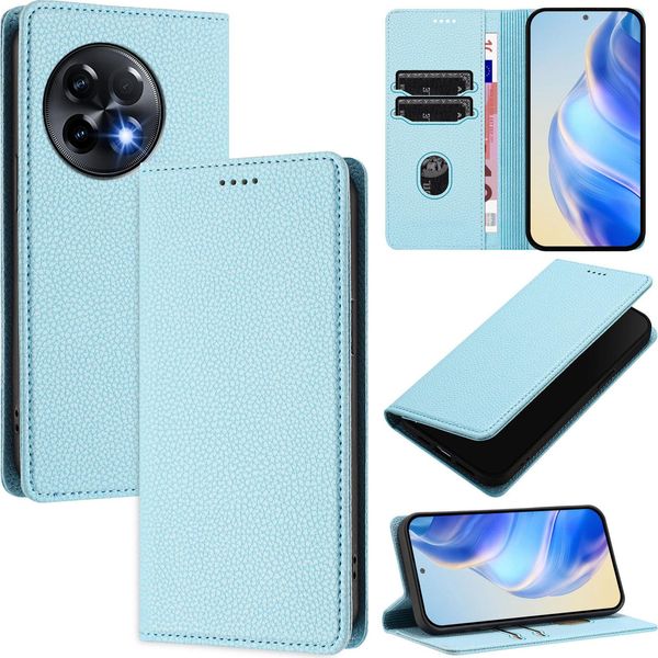 Custodia In Pelle Per Oneplus 11R, Pelle Litschi, Custodia A Portafoglio Con Slot Per Carte E Supporto Blu Chiaro-image