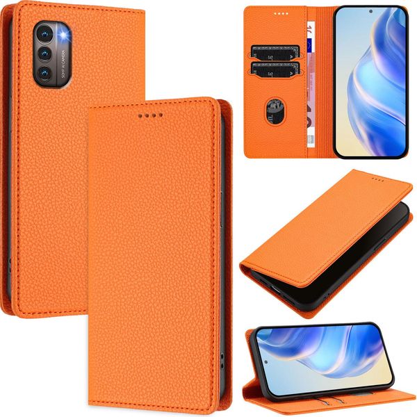 Custodia In Pelle Per Nokia G21/Nokia G11, Pelle Litschi, Custodia A Portafoglio Con Slot Per Carte E Supporto Arancione-image