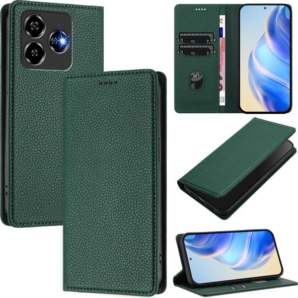 Custodia In Pelle Per Zte Blade V60 Vita/V60 Design/Nubia V60 Design/Axon 60 Lite, Pelle Litschi, Custodia A Portafoglio Con Slot Per Carte E Supporto Verde-image