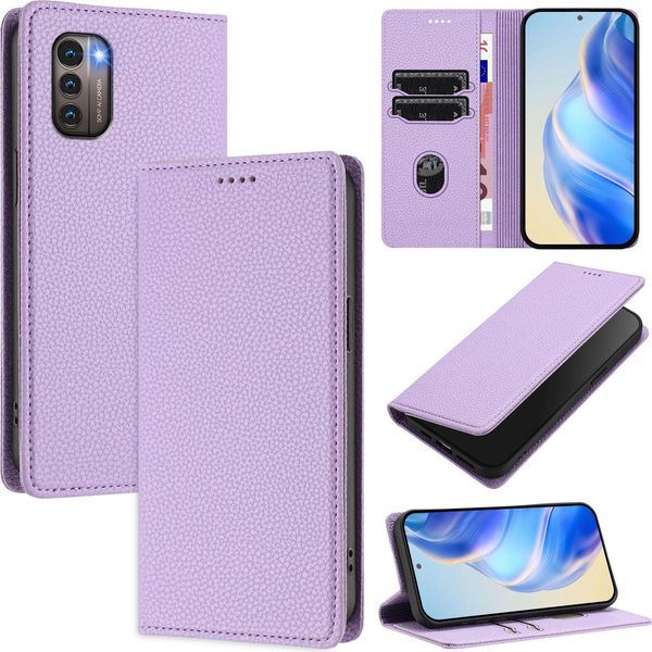 Custodia In Pelle Per Nokia G21/Nokia G11, Pelle Litschi, Custodia A Portafoglio Con Slot Per Carte E Supporto Viola-image