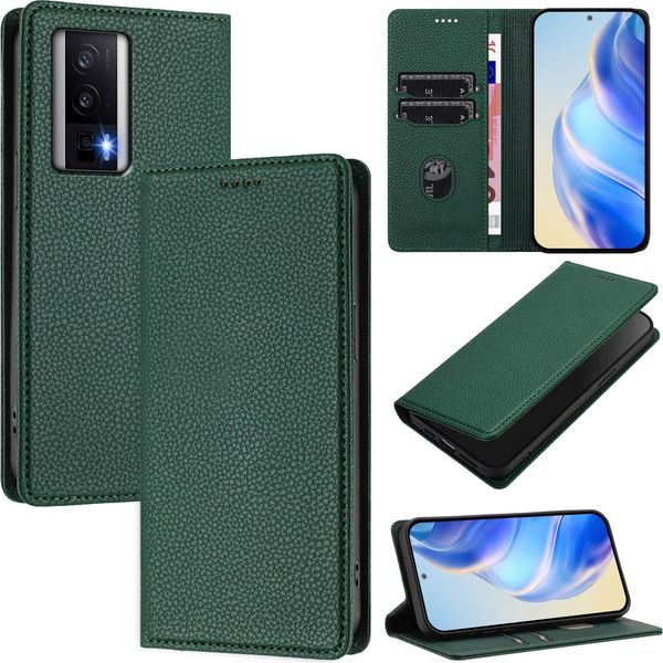 Custodia In Pelle Per Xiaomi Poco F5 Pro/Redmi K60/K60 Pro, Pelle Litschi, Custodia A Portafoglio Con Slot Per Carte E Supporto Verde-image