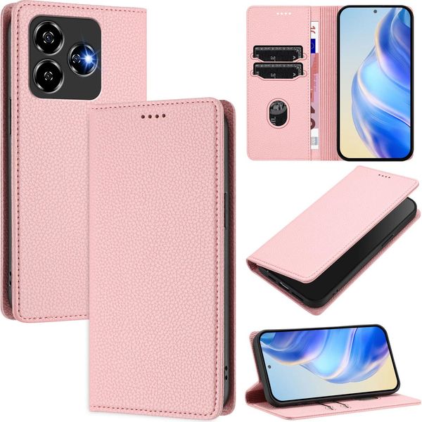 Custodia In Pelle Per Zte Blade V60 Vita/V60 Design/Nubia V60 Design/Axon 60 Lite, Pelle Litschi, Custodia A Portafoglio Con Slot Per Carte E Supporto Rosa-image
