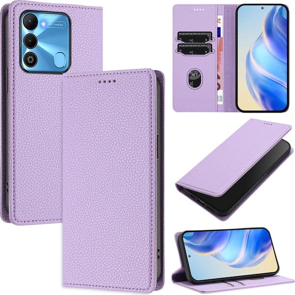 Custodia In Pelle Per Tecno Spark Go 2022/Spark 8C/Spark 9, Pelle Litschi, Custodia A Portafoglio Con Slot Per Carte E Supporto Viola-image
