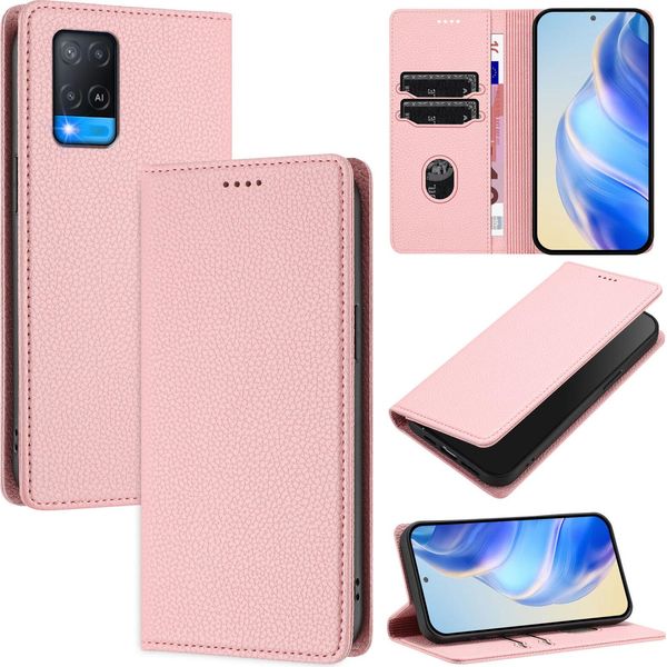 Custodia In Pelle Per Oppo A54 4G/A54S/A55 5G/A16/A16S/A55S/A53S 5G/A56 5G, Litschi In Pelle, Custodia A Portafoglio Con Slot Per Carte E Supporto Rosa-image