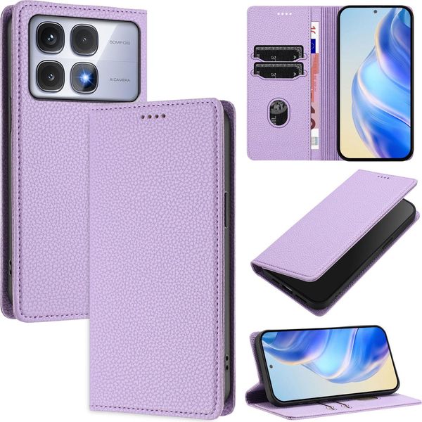 Custodia In Pelle Per Xiaomi Redmi K70 Ultra, Pelle Litschi, Custodia A Portafoglio Con Slot Per Carte E Supporto Viola-image