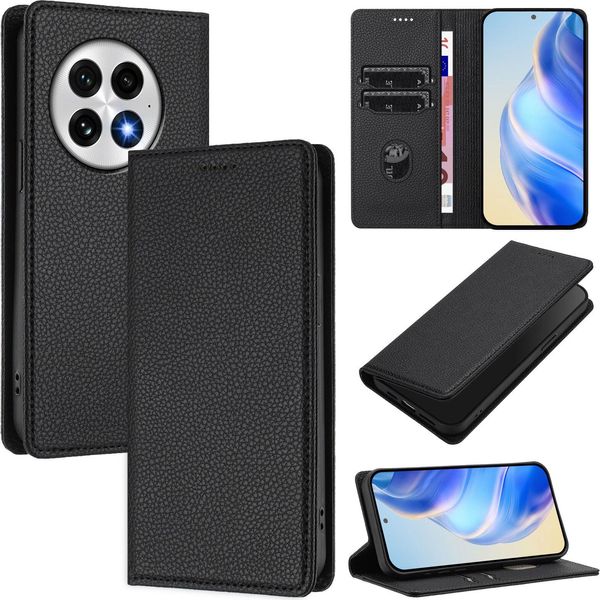 Custodia In Pelle Per Oneplus 13, Pelle Litschi, Custodia A Portafoglio Con Slot Per Carte E Supporto Nero-image