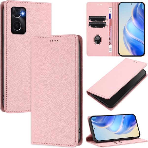 Custodia In Pelle Per Oppo A36/A76/A96/K10 4G/Realme 9I 4G, Pelle Litschi, Custodia A Portafoglio Con Slot Per Carte E Supporto Rosa-image