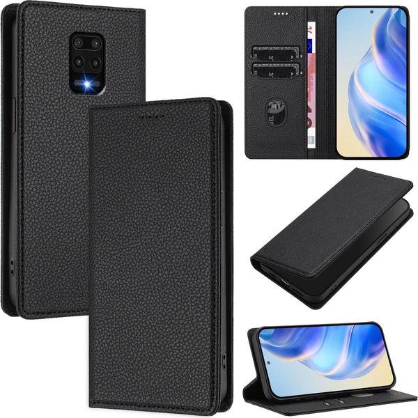 Custodia In Pelle Per Xiaomi Redmi Note 9S/9 Pro/9 Pro Max, Pelle Litschi, Custodia A Portafoglio Con Slot Per Carte E Supporto Nero-image