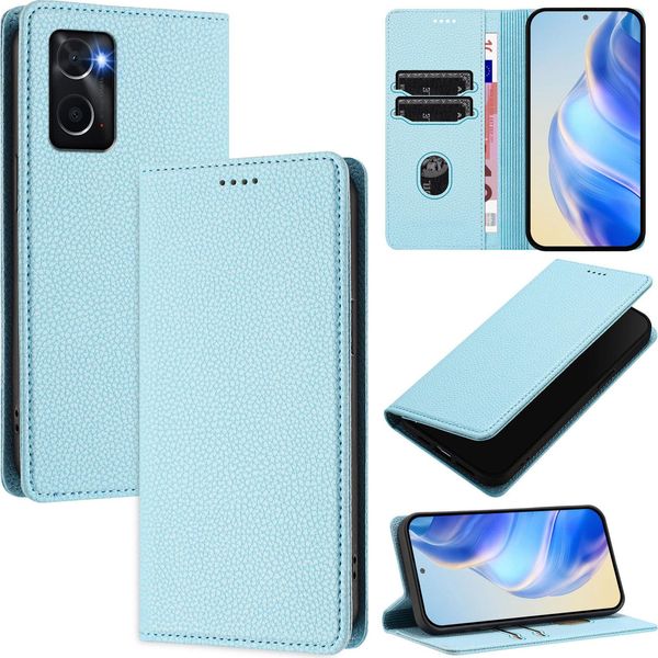 Custodia In Pelle Per Oppo A36/A76/A96/K10 4G/Realme 9I 4G, Pelle Litschi, Custodia A Portafoglio Con Slot Per Carte E Supporto Blu Chiaro-image