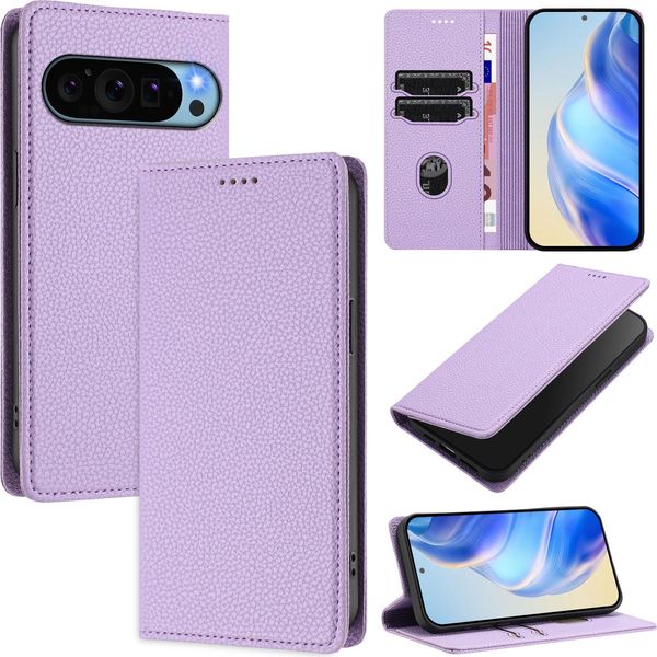 Custodia In Pelle Per Google Pixel 9 Pro Xl, Pelle Litschi, Custodia A Portafoglio Con Slot Per Carte E Supporto Viola-image