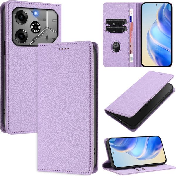 Custodia In Pelle Per Tecno Pova 6/Pova 6 Pro 5G, Pelle Litschi, Custodia A Portafoglio Con Slot Per Carte E Supporto Viola-image