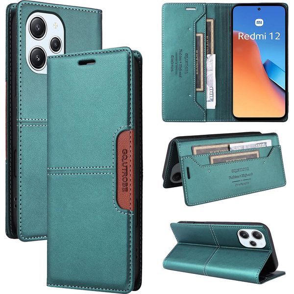 Custodia Per Xiaomi Poco M6 Pro 5G/Redmi 12, Custodia In Pelle Flip Wallet Con Slot Per Carte E Supporto Verde-image