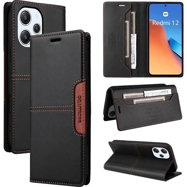 Custodia Per Xiaomi Poco M6 Pro 5G/Redmi 12, Custodia In Pelle Flip Wallet Con Slot Per Schede E Supporto Nero-image