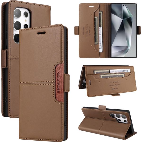 Custodia Per Samsung Galaxy S24 Ultra, Custodia In Pelle Flip Wallet Con Slot Per Carte E Supporto Marrone-image