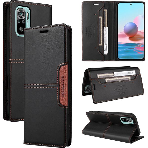 Custodia Per Xiaomi Redmi Note 10S/Note 10 4G, Custodia In Pelle Flip Wallet Con Slot Per Schede E Supporto Nero-image