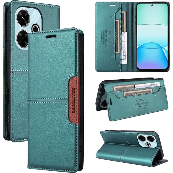 Custodia Per Xiaomi Redmi 13 4G, Custodia In Pelle Flip Wallet Con Slot Per Schede E Supporto Verde-image