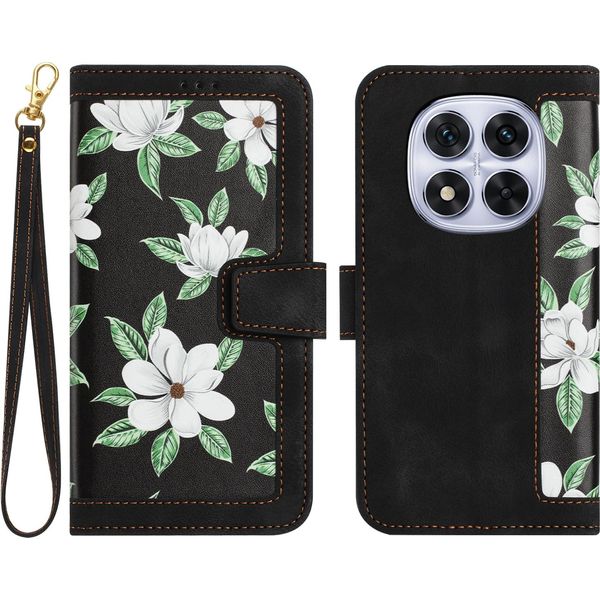 Per Xiaomi Redmi Note 14 Pro 5G Custodia A Portafoglio In Pelle Finta Per Cellulare Custodia Con Motivo Floreale Custodia Nera-image