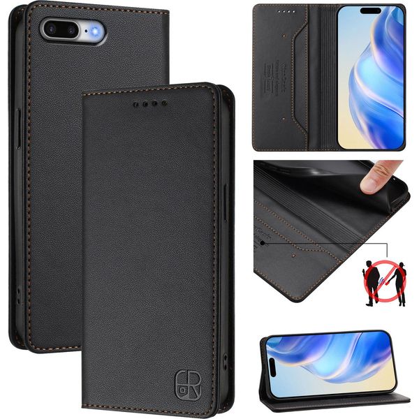 Custodia In Pelle Per Iphone 6S Plus / 7 Plus / 8 Plus, Flip Case Con Slot Per Carte, Portafoglio E Supporto Nero-image
