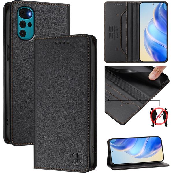 Custodia In Pelle Per Motorola Moto G22, Flip Case Con Slot Per Carte, Portafoglio E Supporto Nero-image