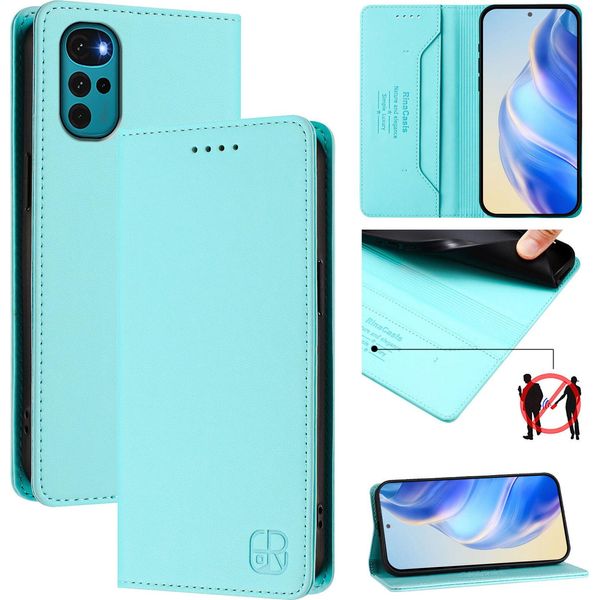 Custodia In Pelle Per Motorola Moto G22, Flip Case Con Slot Per Carte, Portafoglio E Supporto Turchese-image