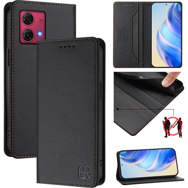 Custodia In Pelle Per Motorola Moto G84, Flip Case Con Slot Per Carte, Portafoglio E Supporto Nero-image