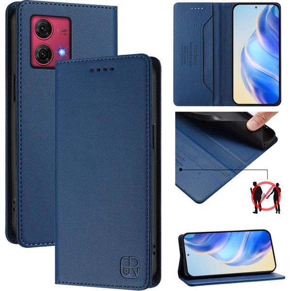 Custodia In Pelle Per Motorola Moto G84, Flip Case Con Slot Per Carte, Portafoglio E Supporto Blu-image
