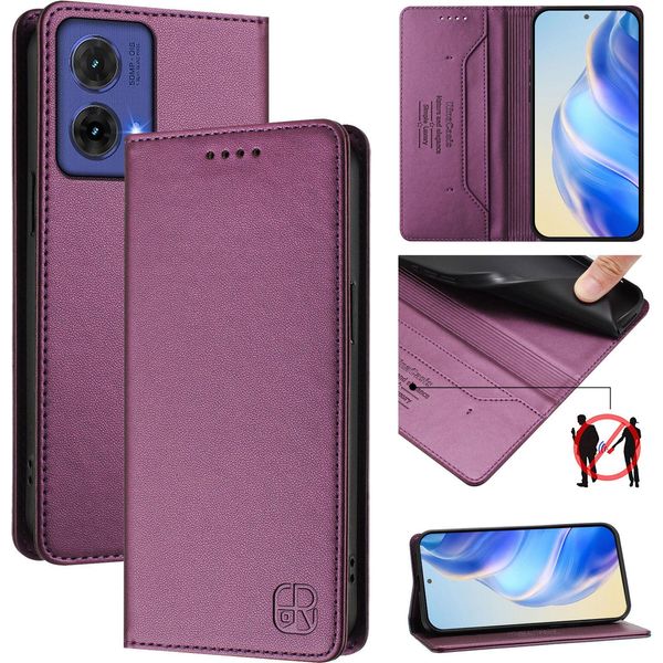 Custodia In Pelle Per Motorola Moto G85, Flip Case Con Slot Per Carte, Portafoglio E Supporto Viola-image