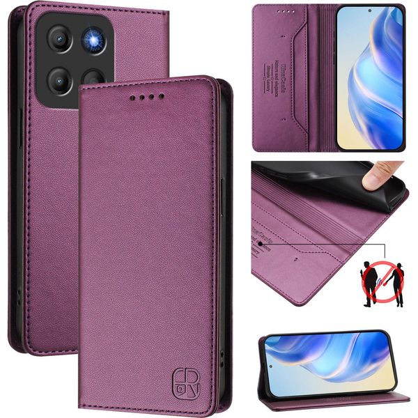 Custodia In Pelle Per Motorola Moto G15, Flip Case Con Slot Per Carte, Portafoglio E Supporto Viola-image