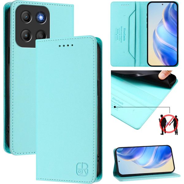 Custodia In Pelle Per Motorola Moto G15, Flip Case Con Slot Per Carte, Portafoglio E Supporto Turchese-image
