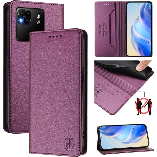 Custodia In Pelle Per Xiaomi Redmi 10A/Redmi 9C, Flip Case Con Slot Per Carte, Portafoglio E Supporto Viola-image