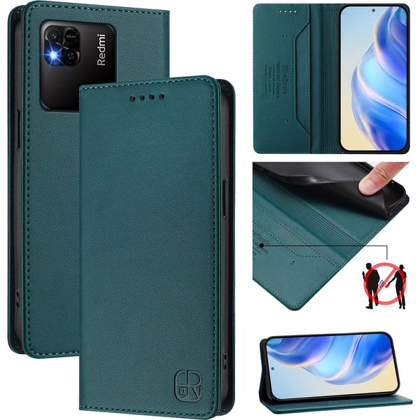 Custodia In Pelle Per Xiaomi Redmi 10A/Redmi 9C, Flip Case Con Slot Per Carte, Portafoglio E Supporto Verde Scuro-image
