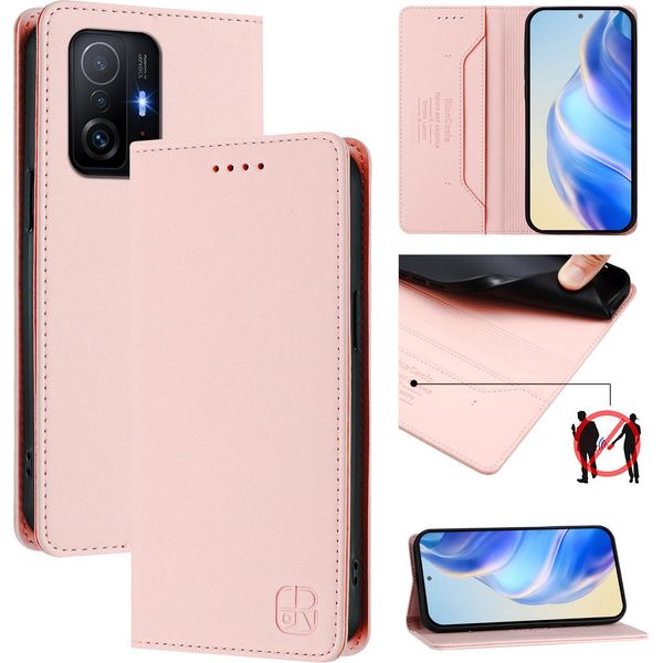 Custodia In Pelle Per Xiaomi 11T / 11T Pro, Flip Case Con Slot Per Carte, Portafoglio E Supporto Rosa-image