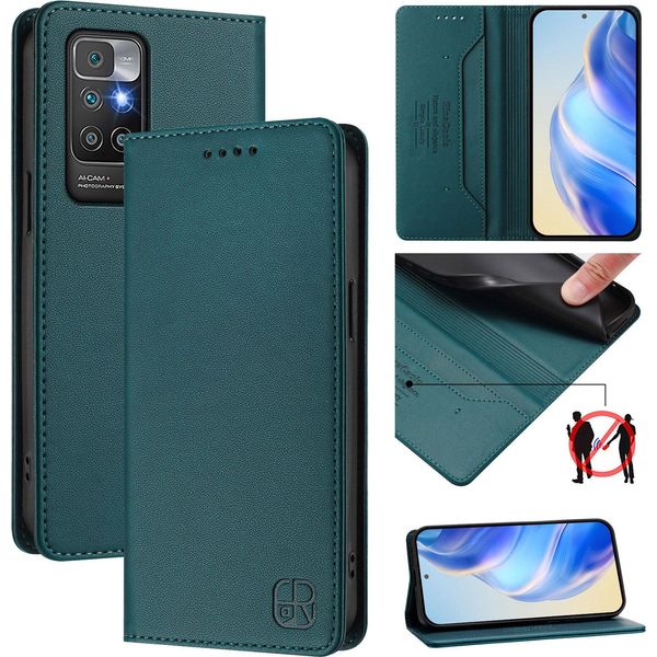 Custodia In Pelle Per Xiaomi Redmi 10, Flip Case Con Slot Per Carte, Portafoglio E Supporto Verde Scuro-image