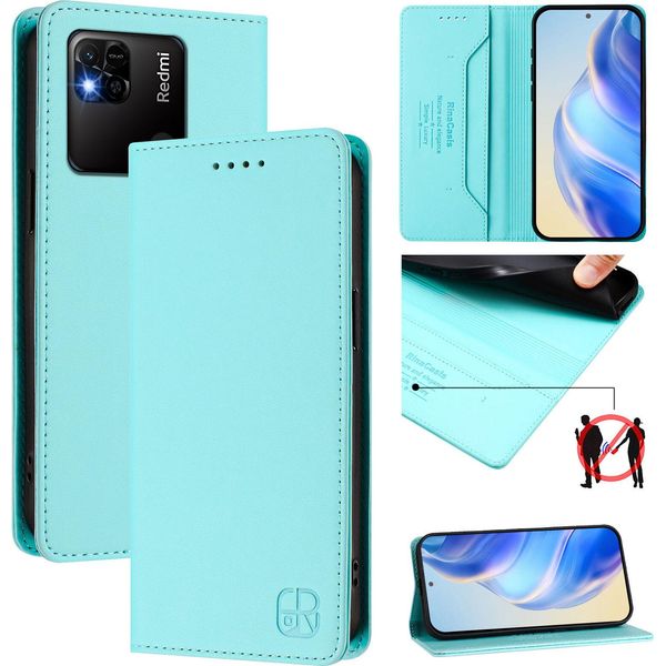 Custodia In Pelle Per Xiaomi Redmi 10A/Redmi 9C, Flip Case Con Slot Per Carte, Portafoglio E Supporto Turchese-image
